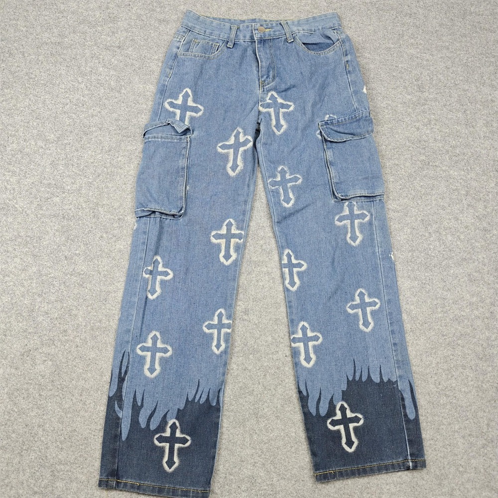 Cross‎ & Flames Jeans Womens M 28x30 Blue Cargo Straight Gothic Denim Streetwear